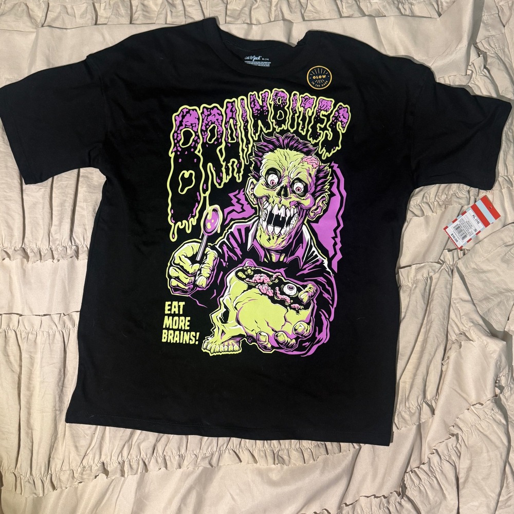 Cat & Jack Kids XL 14 Glow In The Dark Brain Bites Zombie Graphic T-Shirt Black